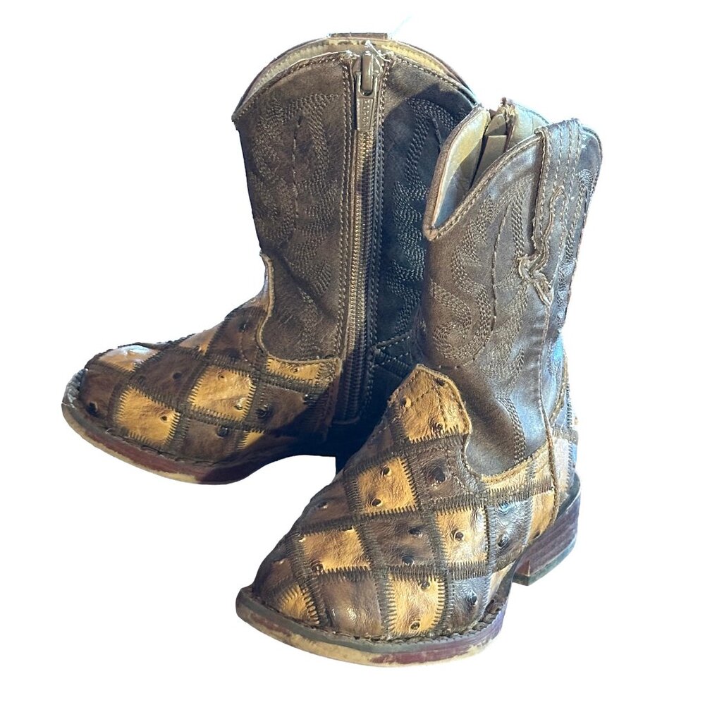 ROPER YOUTH OSTRICH & LEATHER WESTERN BOOTS-Size 5